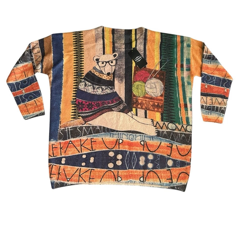 Yesno‎ Sweater Womens Bear Knitting Graphic AOP Multicolor Wool Cotton 3XL NEW